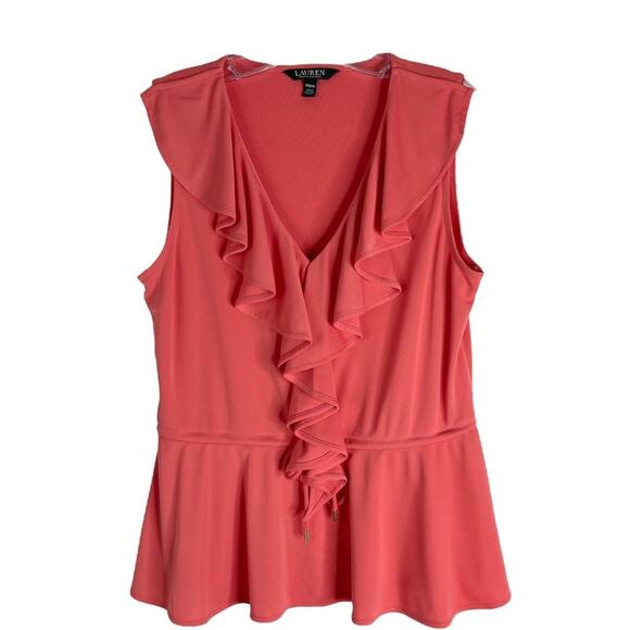Ralph Lauren peach pink ruffle peplum stretchy preppy office top PM - Picture 1 of 6